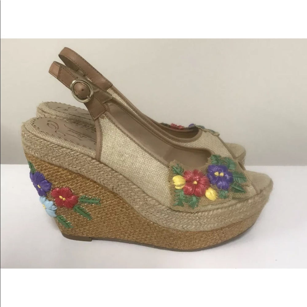 Poetic Licence Size 9.5 Petal Push Platform Wedge Shoe Peep-Toe Floral-EUC